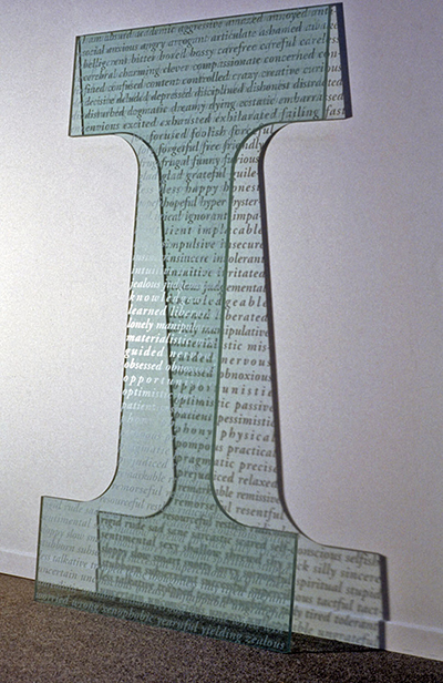 Singer’s piece “I AM” is a 5-foot glass capital letter I